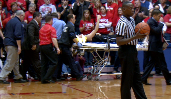 Butler's Rotnei Clarke gives the thumbs up after injuring neck against Dayton.