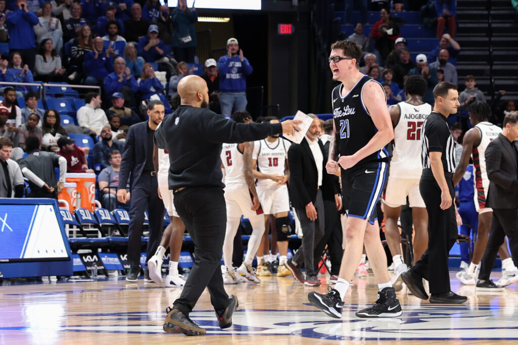 SLU's Avila is fired up after hitting a big three-pointer