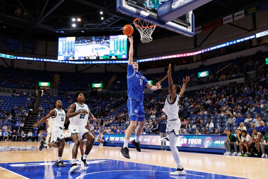 SLU's Brady Dunlap scores from the pain against Chicago State (Photo: Jeff Brown)
