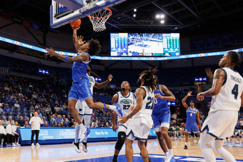 Quentin Jones, a junior guard for SLU, drives for a reverse layup against Chicago State (photo: Jeff Brown)