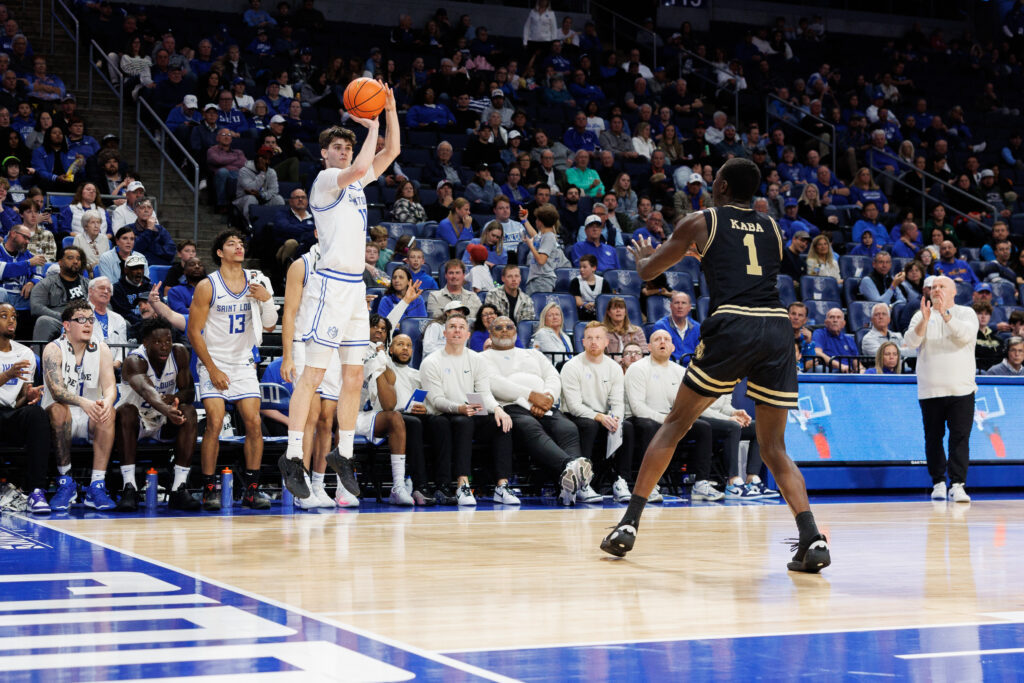 SLU forward Brady Dunlap scores 3 of his 5 points against Purdue Fort Wayne. (photo: Jeff Brown)